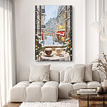 Tableaux Fenêtre avec deux tasses de café et arbres devant une rue