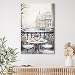 Tableaux Table avec des tasses et un vase de fleurs sur un paysage enneigé