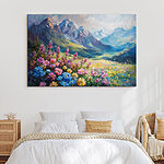 Tableaux Peinture de fleurs dans un champ avec des montagnes en arrière-plan