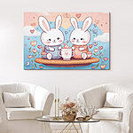 Tableaux Couple de lapins assis sur un plateau avec une tasse de thé