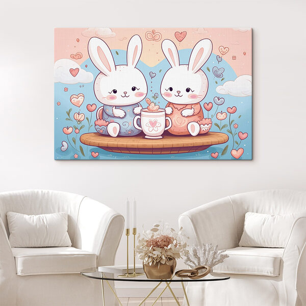 Couple de lapins assis sur un plateau avec une tasse de thé Tableaux Couple de lapins assis sur un plateau avec une tasse de thé