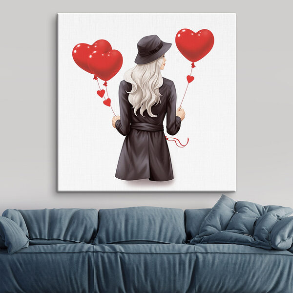 Femme tenant un ballon en forme de coeur Tableaux Femme tenant un ballon en forme de coeur