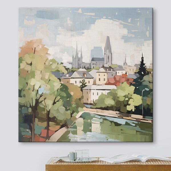 Peinture d'une ville avec des arbres et une rivière Tableaux Peinture d'une ville avec des arbres et une rivière
