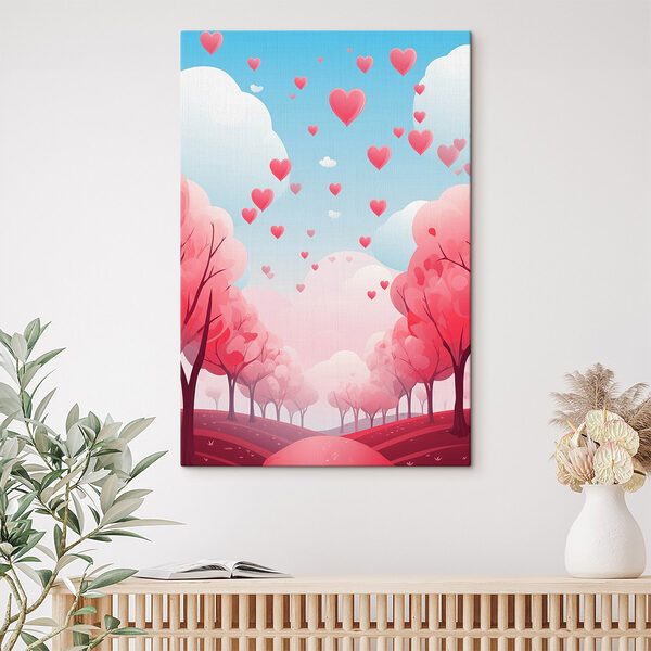 Arbres roses avec des cœurs volant dans le ciel Tableaux Arbres roses avec des cœurs volant dans le ciel