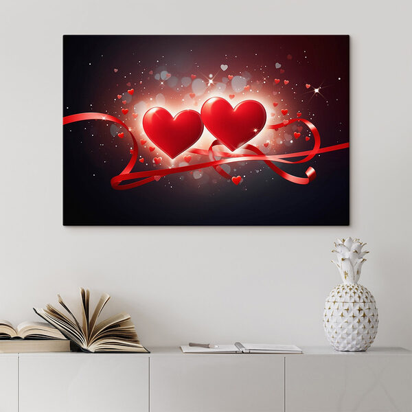 Deux cœurs avec ruban rouge et lumières Tableaux Deux cœurs avec ruban rouge et lumières