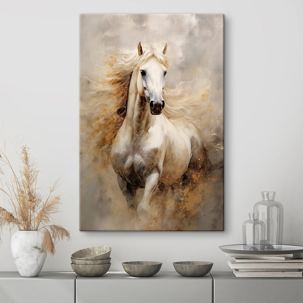 Peinture d'un cheval blanc avec une longue crinière Tableaux Peinture d'un cheval blanc avec une longue crinière