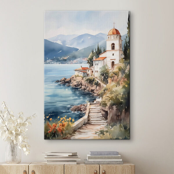 Aquarelle d'un bâtiment sur une falaise au bord d'un plan d'eau Tableaux Aquarelle d'un bâtiment sur une falaise au bord d'un plan d'eau