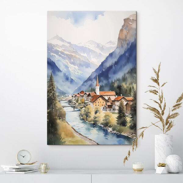 Aquarelle d'un village de montagne Tableaux Aquarelle d'un village de montagne
