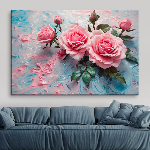 Groupe de roses roses sur une surface bleue et blanche Tableaux Groupe de roses roses sur une surface bleue et blanche