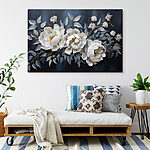Tableaux Fleurs et feuilles blanches sur fond bleu