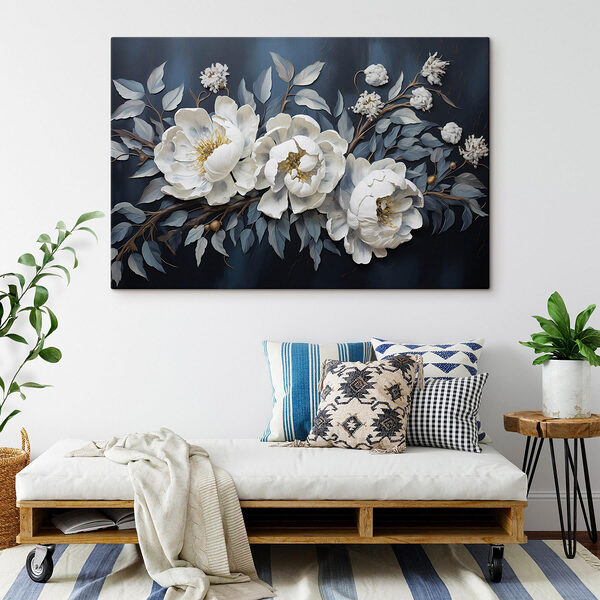 Tableaux Fleurs et feuilles blanches sur fond bleu
