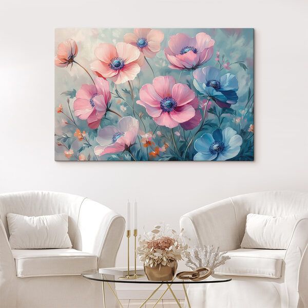 Tableaux Peinture de fleurs sur fond bleu
