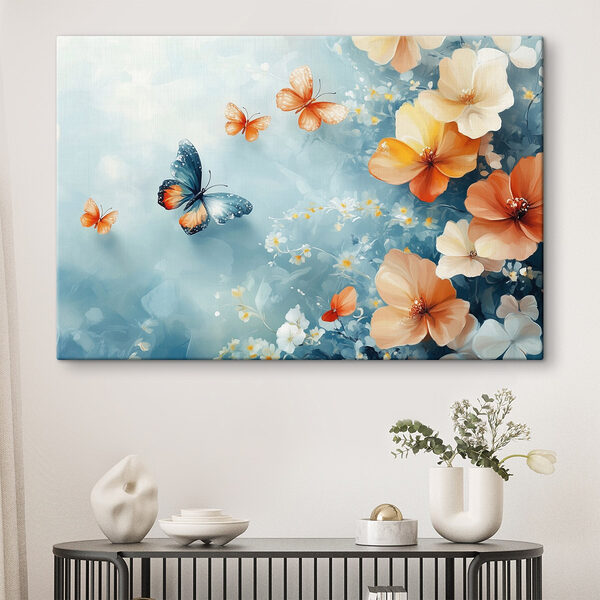 Tableaux Papillons et fleurs sur fond bleu