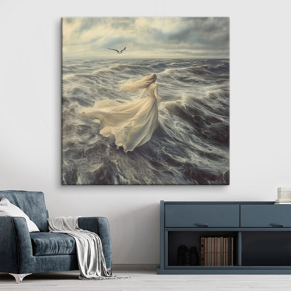 Femme en robe blanche courant sur les vagues Tableaux Femme en robe blanche courant sur les vagues