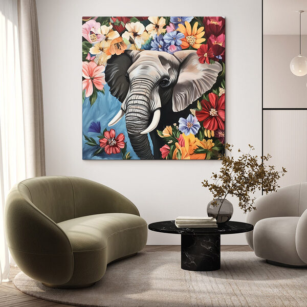 Un éléphant avec des défenses dans un jardin de fleurs Tableaux Un éléphant avec des défenses dans un jardin de fleurs