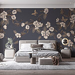 Papier peint Fleurs et feuilles blanches sur fond gris