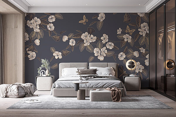 Fleurs et feuilles blanches sur fond gris Papier peint Fleurs et feuilles blanches sur fond gris