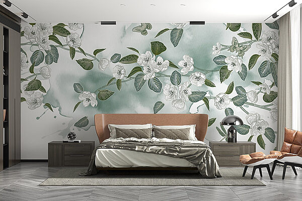 Fleurs blanches et feuilles vertes sur fond blanc Papier peint Fleurs blanches et feuilles vertes sur fond blanc