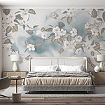 Papier peint Fleurs et feuilles blanches sur fond bleu