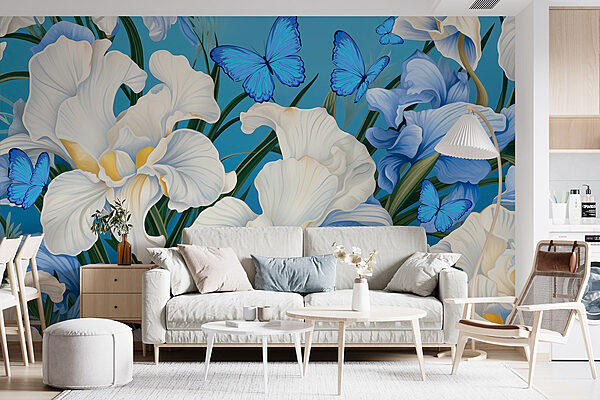 Élégance florale avec des papillons vibrants Papier peint Élégance florale avec des papillons vibrants
