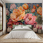 Papier peint Peinture de fleurs sur fond bleu