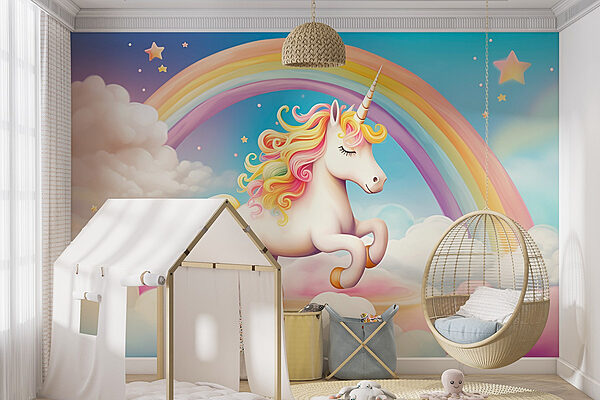 Licorne avec arc-en-ciel et nuages Papier peint Licorne avec arc-en-ciel et nuages