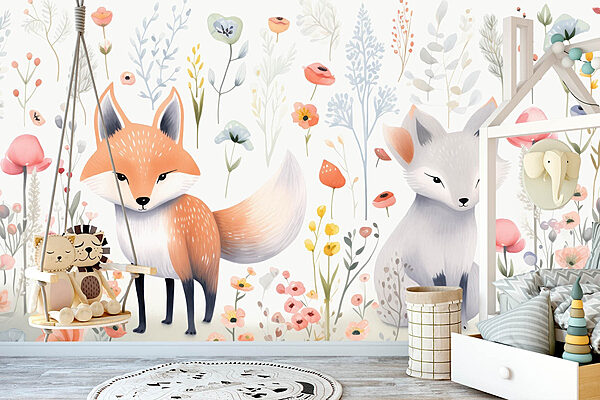 Couple de renards dans un jardin de fleurs Papier peint Couple de renards dans un jardin de fleurs