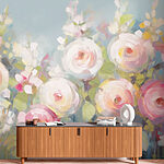 Papier peint Peinture de fleurs sur fond bleu