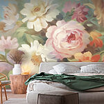 Papier peint Peinture de fleurs sur fond bleu