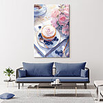 Tableaux Peinture à l'aquarelle d'un dessert avec une rose sur une assiette avec des myrtilles et une cuillère.