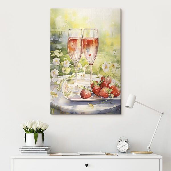 Aquarelle représentant deux coupes de champagne et des fraises sur un plateau Tableaux Aquarelle représentant deux coupes de champagne et des fraises sur un plateau