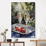 Tableaux Deux coupes de champagne et des fraises sur un plateau