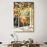 Tableaux Verre de jus d'orange avec des glaçons et des oranges par la fenêtre