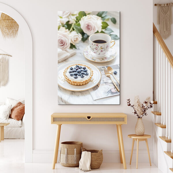Dessert sur assiette avec une tasse de café et des fleurs Tableaux Dessert sur assiette avec une tasse de café et des fleurs