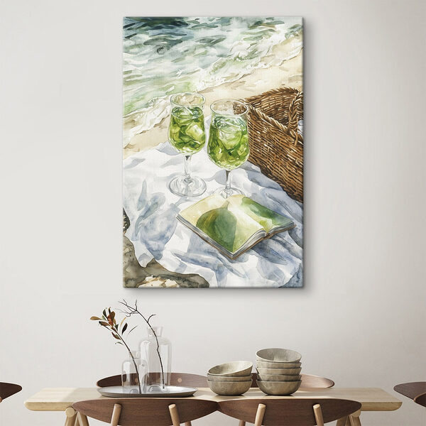Tableaux Aquarelle représentant deux verres de vin à côté d'un panier de pique-nique et d'un livre