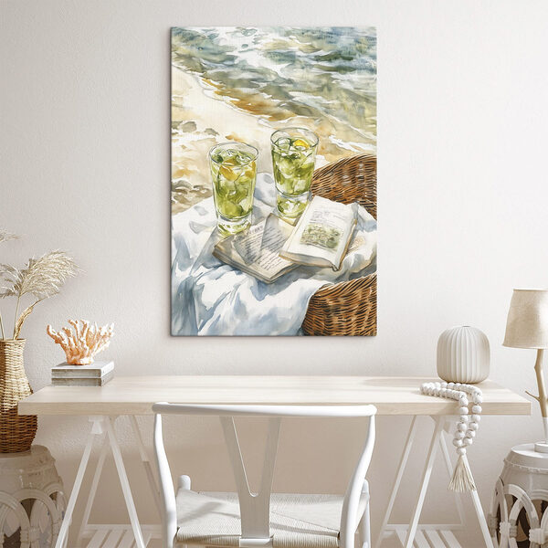 Aquarelle représentant deux verres de thé glacé et un livre sur une couverture sur la plage Tableaux Aquarelle représentant deux verres de thé glacé et un livre sur une couverture sur la plage