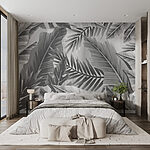 Papier peint Motif de feuilles en gris et blanc
