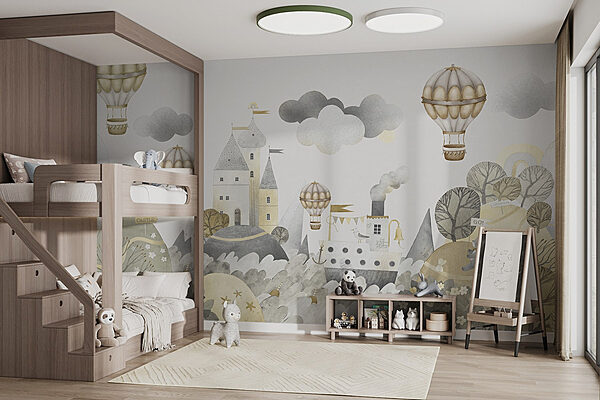 Papier peint Peinture à l'aquarelle d'un château et de montgolfières