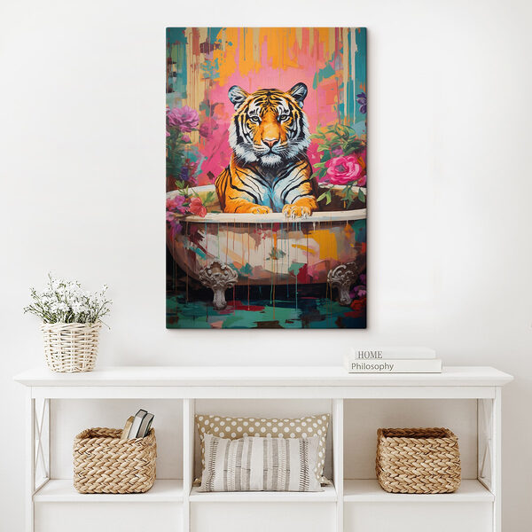Peinture d'un tigre dans une baignoire fleurie Tableaux Peinture d'un tigre dans une baignoire fleurie