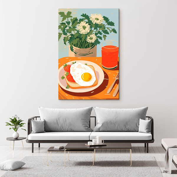 Assiette de nourriture avec un œuf ensoleillé et des fraises Tableaux Assiette de nourriture avec un œuf ensoleillé et des fraises