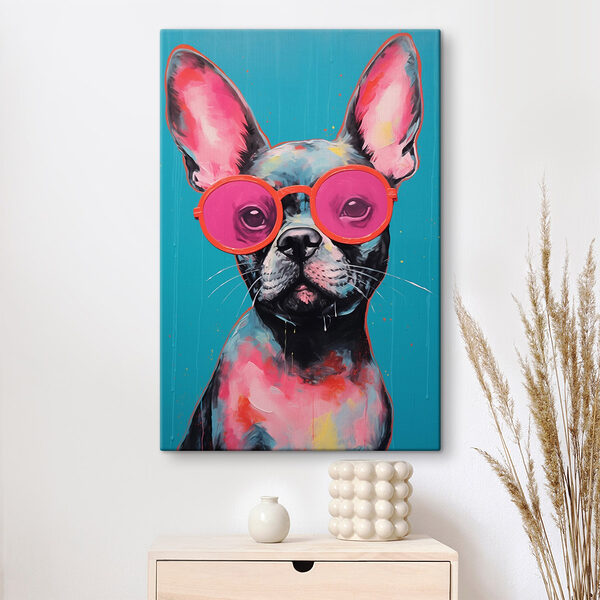 Peinture d'un chien portant des lunettes de soleil roses Tableaux Peinture d'un chien portant des lunettes de soleil roses