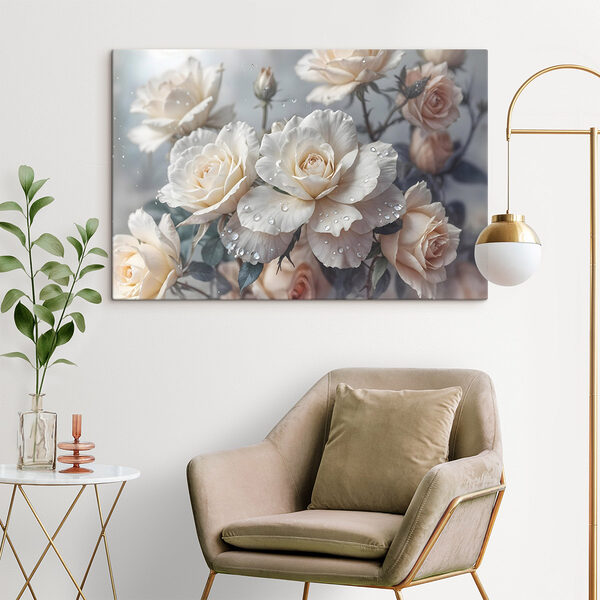 Groupe de roses blanches avec gouttes d'eau Tableaux Groupe de roses blanches avec gouttes d'eau