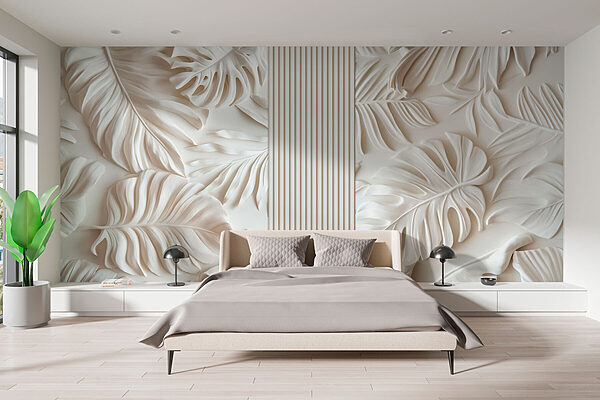 Mur blanc avec des feuilles Papier peint Mur blanc avec des feuilles