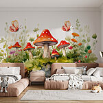 Papier peint Peinture de champignons et de papillons