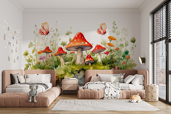 Peinture de champignons et de papillons Papier peint Peinture de champignons et de papillons