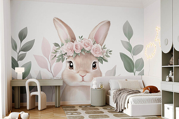 Lapin portant une couronne de fleurs Papier peint Lapin portant une couronne de fleurs