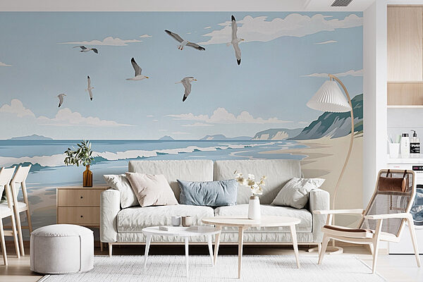 Plage avec des oiseaux qui la survolent Papier peint Plage avec des oiseaux qui la survolent