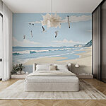Papier peint Plage avec des oiseaux qui la survolent