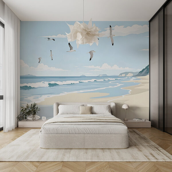 Papier peint Plage avec des oiseaux qui la survolent