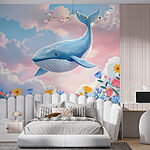 Papier peint Baleine survolant des fleurs
